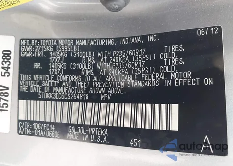 2012 Toyota Sienna Le V6 8 Passenger from USA, damaged, VIN 5TDKK3DC6CS264818